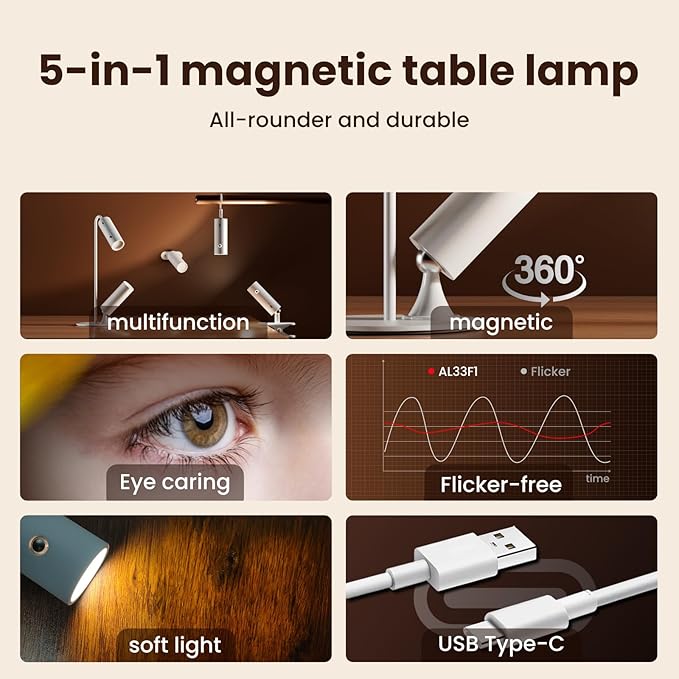 SIEPUNK Cordless Desk Lamp for Home Office, 4 in 1 Multifunctional Rechargeable Touch 3 Colour Temperature Table Lamp with Clamp, Portable Magnetic Bedside Night Desk Light, Ideal for Gifts, White - LeafyLoom