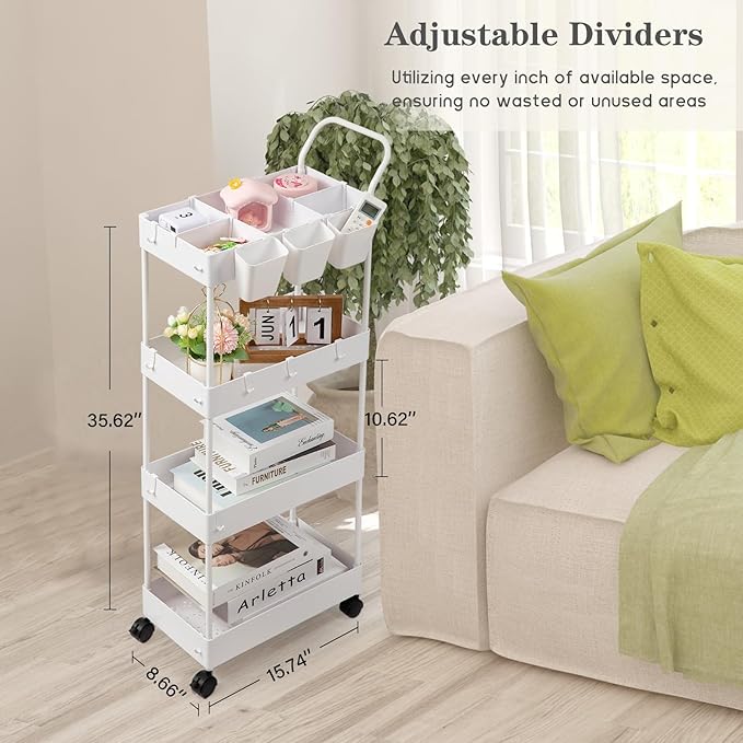 danpinera Storage Cart, 4 Tier Narrow Rolling Storage Cart with Wheels Dividers Bathroom Cart Organizer Slim Laundry Cart with Handle Hanging Cups Hooks, White - LeafyLoom