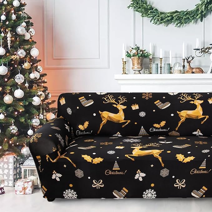 Mybedsoul Christmas Printed Black Sofa Cover Reindeer Printed Elastic Couch Cover Machine Washable Christmas Theme Red Sofa Slipcover for Living Room(3 Seater/Loveseat) Mybedsoul