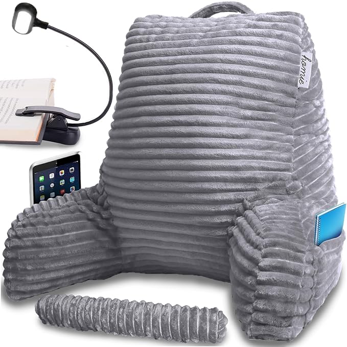 Homie Reading Pillow with Wrist Support, Has Arm Rests, and Back Support for Bed Rest, Lounging, Reading, Working on Laptop, Watching TV (Gray) - LeafyLoom