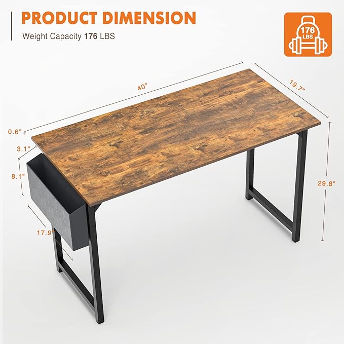 Computer Desk Small Office Desk 40 Inch Writing Desks Small Space Desk Study Table Modern Simple Style Work Table with Storage Bag Headphone Hook Wooden Tabletop Metal Frame for Home, Bedroom - LeafyLoom