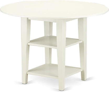 East West Furniture SUEN5-LWH-06 5 Piece Kitchen Table Set for 4 Includes a Round Dining Table with Dropleaf & Shelves and 4 Dark Shitake Linen Fabric Parsons Chairs, 42x42 Inch, Linen White - LeafyLoom