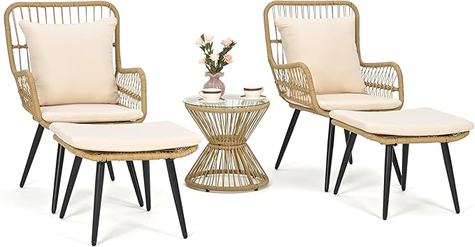 Pamapic Outdoor Patio Bistro Set with Ottoman 5 Piece Rattan Wicker Conversation Chair Sets Balcony Furniture Chairs for Yard Garden Porch Backyard Poolside, Beige - LeafyLoom