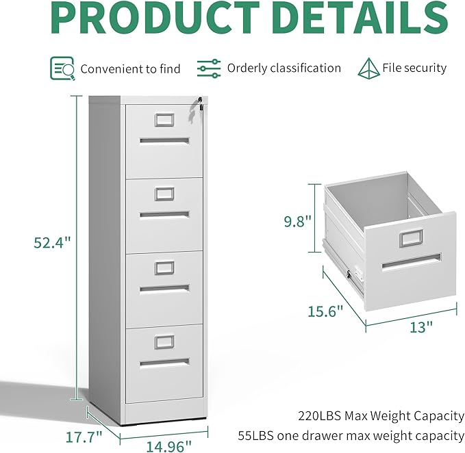 4 Drawer File Cabinet,Metal Filing Cabinets with Lock,White Vertical File Cabinet for Home Office,Heavy Duty Metal Storage Cabinet for A4/Letter/Legal Size File,Assembly Required - LeafyLoom