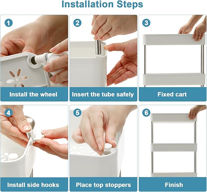 VECELO Storage Cart 3-Tier Utility Rolling Cart,Mobile Shelving Slim Unit Organizers with 360°Wheels Hooks&Hanging Cups for Kitchen Bedroom Bathroom Office Sofa Side in Narrow Places, White - LeafyLoom