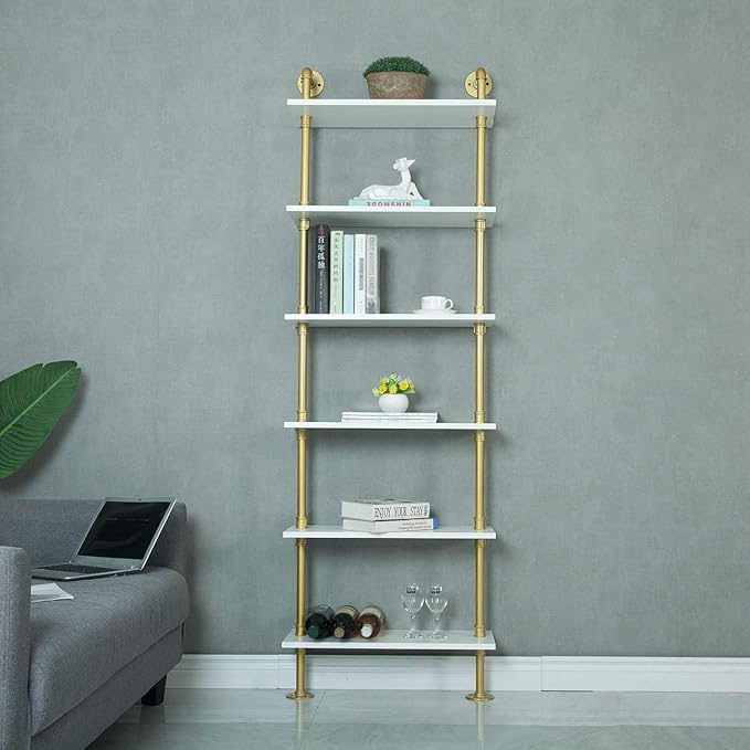 WGX Design For You Industrial 6-Tiers Modern Ladder Shelf Bookcase,Wood Storage Shelf,Display Shelving, Wall Mounted Wood Shelves(Gold) - LeafyLoom