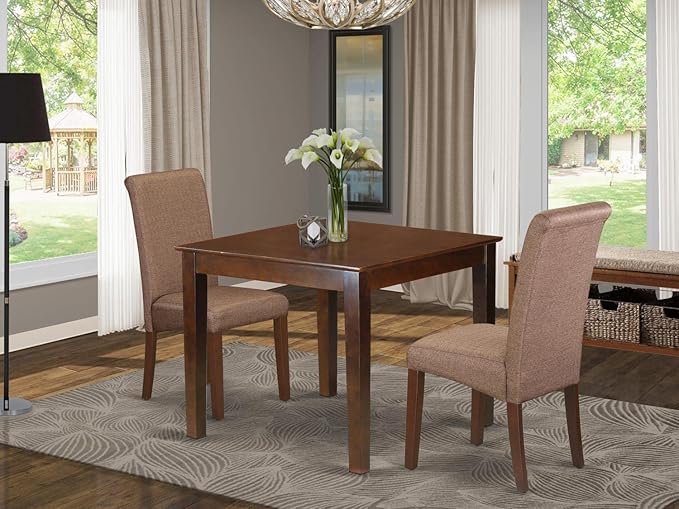 East West Furniture OXBA3-MAH-18 Oxford 3 Piece Set Contains a Square Dining Room Table and 2 Brown Linen Fabric Upholstered Chairs, 36x36 Inch - LeafyLoom