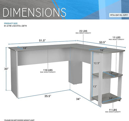 NicBex Laik-DW-00037-DX Desks, 53.5" W x 51.5" D x 29.75" H, White+Gray - LeafyLoom