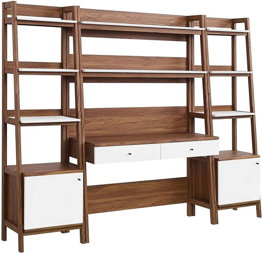 Modway Bixby 3-Piece Home Office Desk and Bookshelf Display Case in Walnut White - LeafyLoom