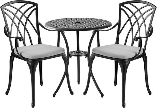 3 Piece Patio Bistro Set with Cushions, Outdoor Bistro Table and Chairs Set of 2 with Umbrella Holes, All Weather Bistro Table Set for Garden Porch Pools - LeafyLoom