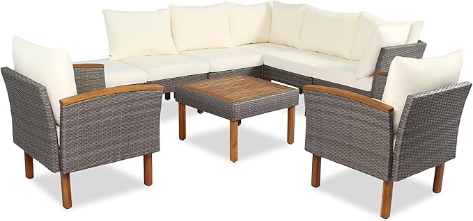 Merax Outdoor Patio Furniture Sets, Free Combination Wicker Sofa, 9-Piece, Rattan w/Wood Tabletop & Legs, Beige - LeafyLoom