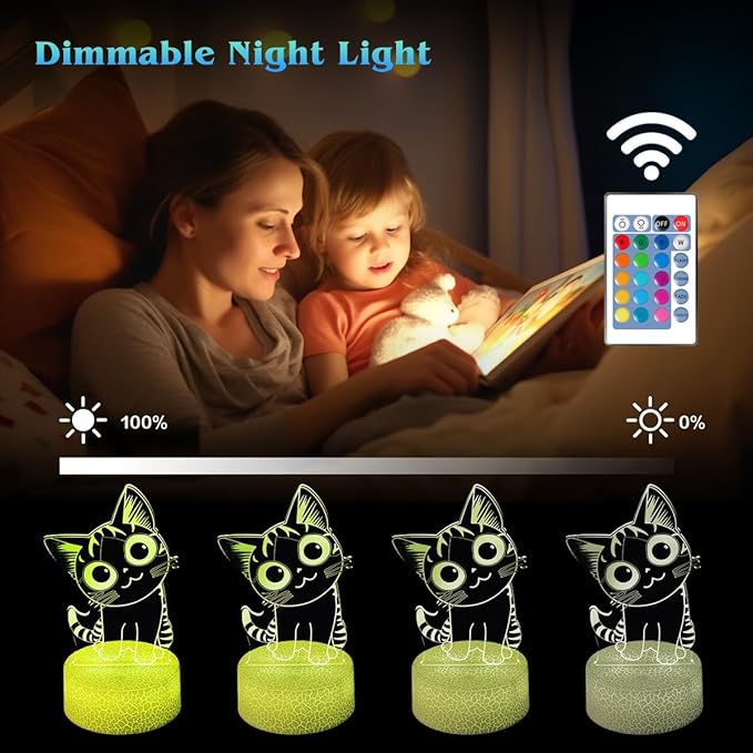 Cat Night Light Cat Gifts for Kids 3D Cat Lamp Kids Bedside Lamp 16 Color Change Decor Lamp with Remote & Smart Touch, Gifts for Christmas Birthday Boys Girls - LeafyLoom