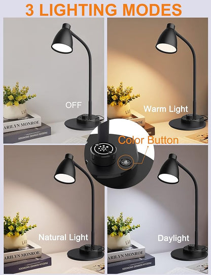 BOHON LED Desk Lamp with USB Charging Port 3 Color Modes Dimmable Reading Light Intelligent Induction Auto Dimming Task Lamp Flexible Gooseneck Table Lamp for Bedside Office, AC Adapter Include - LeafyLoom