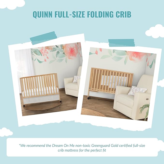 Quinn Full-Size Folding Crib in Natural, Removeable Wheels, Modern Nursey, Adjustable Mattress Support, Portable Crib, Patented Folding System - LeafyLoom