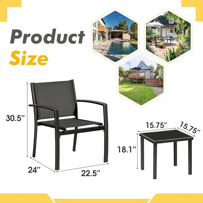 Greesum 3 Pieces Patio Furniture Outdoor Bistro Set Textilene Fabric Chairs for Lawn, Garden, Balcony, Poolside with A Glass Coffee Table, Black - LeafyLoom