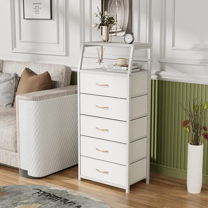 Furnulem White Dresser with 5 Drawers, Vertical Storage Tower Fabric Dresser for Bedroom, Hallway, Entryway, Nursery, Closet Organizer, Nightstand Bedside Table Furniture, Sturdy Steel Frame, Wood Top - LeafyLoom