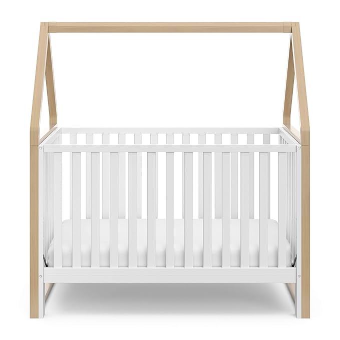 Storkcraft Orchard 5-in-1 Convertible Crib (White with Driftwood) – GREENGUARD Gold Certified, Canopy Style Baby Crib, Converts from Crib to Toddler Bed, Daybed and Full-Size Bed - LeafyLoom