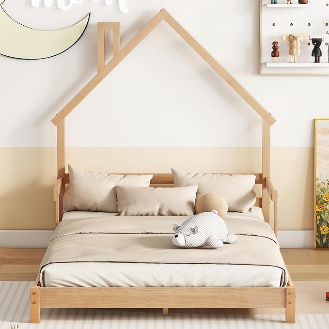 Full Size Bed Frame for Kids,House-Shaped Headboard Kids Bed,Girls Bed with Handrails,Low Platform Bed for Boys Girls,No Box Spring Needed(Natural) - LeafyLoom