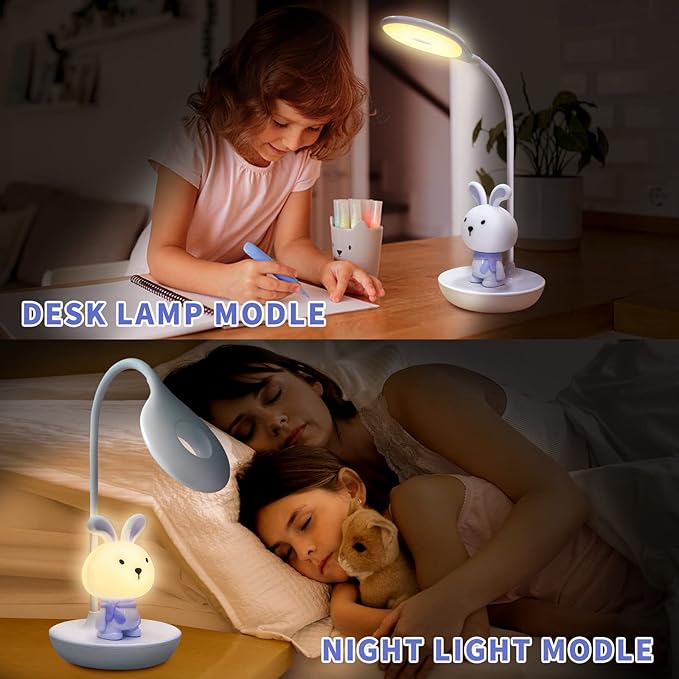 Kids Desk Lamp Pink, Dimming Desk Lamp for Girls with Exclusive Cartoon Look, Cute Night Light for Kids Bedroom, Eye-Caring LED Portable Reading Lamp for Child, Unique Gift (Blue Rabbit) - LeafyLoom