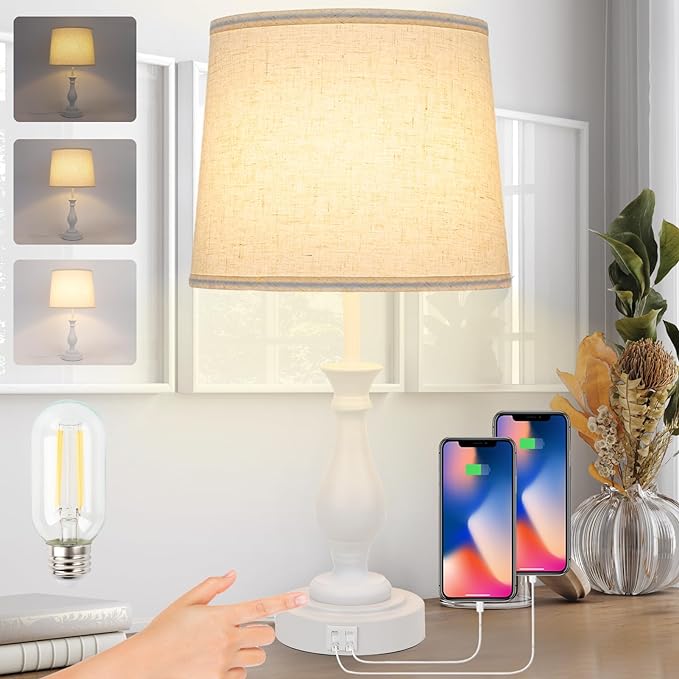 Farmhouse Table Lamp Touch Control 3-Way Dimmable Table Lamp, Modern Nightstand Lamp with 2 USB Port Bedside Desk Lamp with Fabric Shade for Living Room Bedroom Hotel (Pack-01 White) - LeafyLoom