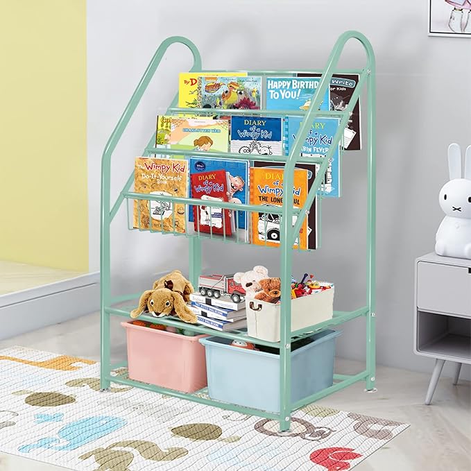 aboxoo Metal Kids Bookshelf Green Bookcase Freestanding for Children Room 24 in Toy Organizer Green Stable Bookcase Bookstore Library Book Unit Storage - LeafyLoom