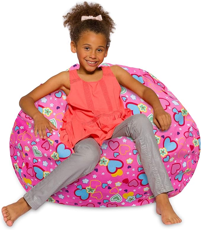 Posh Creations Bean Bag Chair for Kids, Teens, and Adults Includes Removable and Machine Washable Cover, Canvas Multi-Colored Hearts on Pink, 38in - Large - LeafyLoom