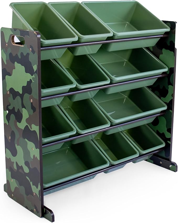 Humble Crew, Army Green Camo Hunter Toy Organizer with 12 Plastic Storage Bins - LeafyLoom