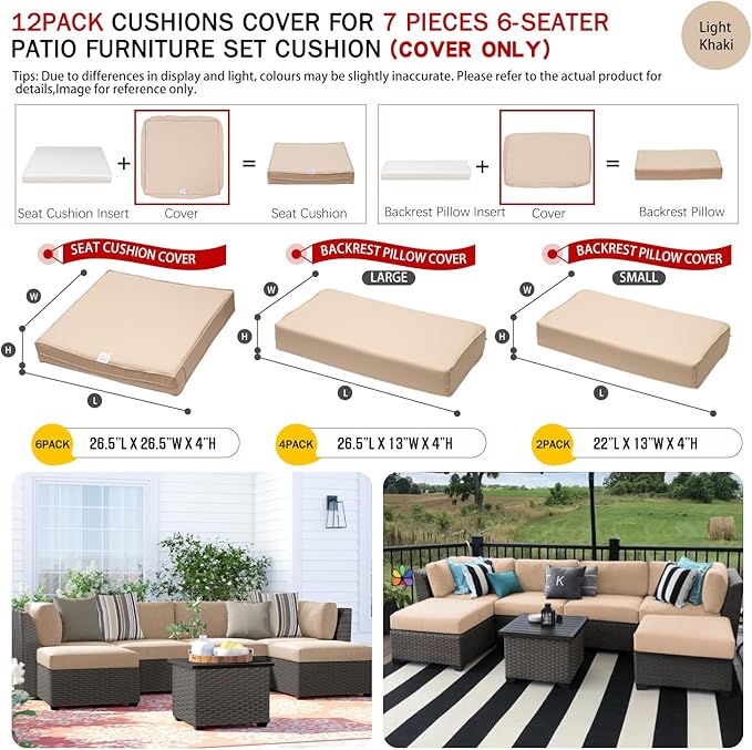 ClawsCover 12 Pack Outdoor Patio Seat and Back Cushions Replacement Covers Fit for 7Pieces 6-Seater Wicker Rattan Furniture Conversation Set Sectional Couch Chair,Light Khaki-Include Cover Only - LeafyLoom