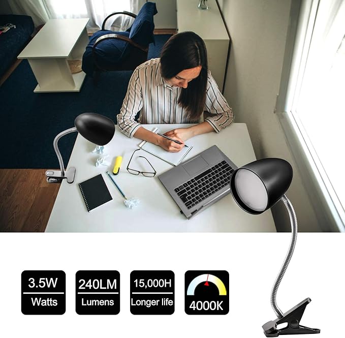 Clip on Light for Bed, Non-Dimmable Clip on Reading Light for Bed, 4000K Cool White, 3.5W 240 LM desk lamp with clamp, Eye Protection, ETL Listed, Black - LeafyLoom