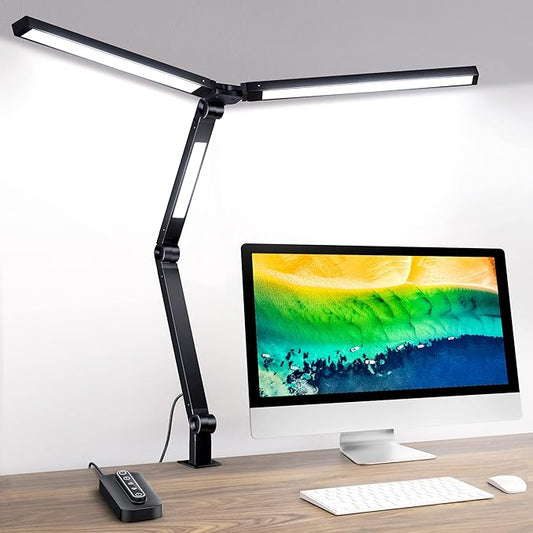 MediAcous LED Desk Lamp with Clamp, 20W Three Lights Desk Light for Home Office, Flexible Swing Arm, Control Box, 4 Color Modes, 4 Brightness, Memory Function, Eye-Caring Clip-on Lamp for Workbench - LeafyLoom