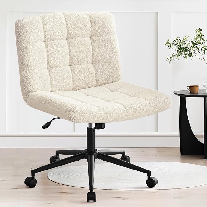 Furniliving Wide Desk Chair, Faux Fur Upholstered Office Chair with Wheels, Adjustable Accent Chair with Thicken Seat, Computer Chair for Living Room, Study Room, Home Office, IvoryWhite - LeafyLoom