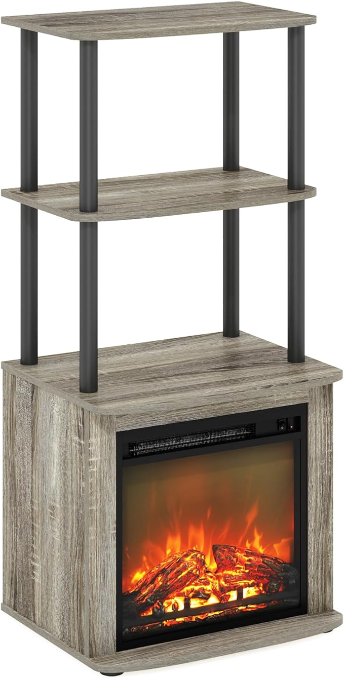 Furinno Turn-N-Tube 2-Tier Tall TV Entertainment Side Table Display Rack with Fireplace Insert, French Oak Grey/Black - LeafyLoom