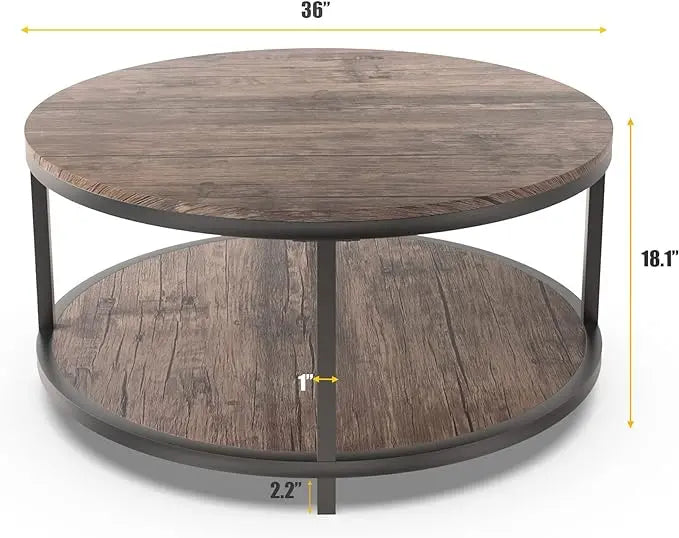 Round Coffee Table, 36" Coffee Table for Living Room, 2-Tier Rustic Wood Desktop with Storage Shelf Modern Design Accent Center Table Industrial Sofa Table Home Furniture(Walnut) - LeafyLoom