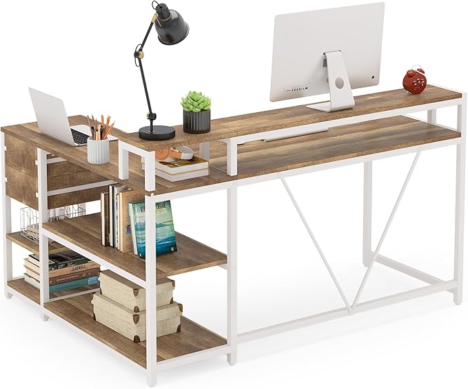 Reversible L-Shaped Computer Desk with hutch & Shelf,white - LeafyLoom