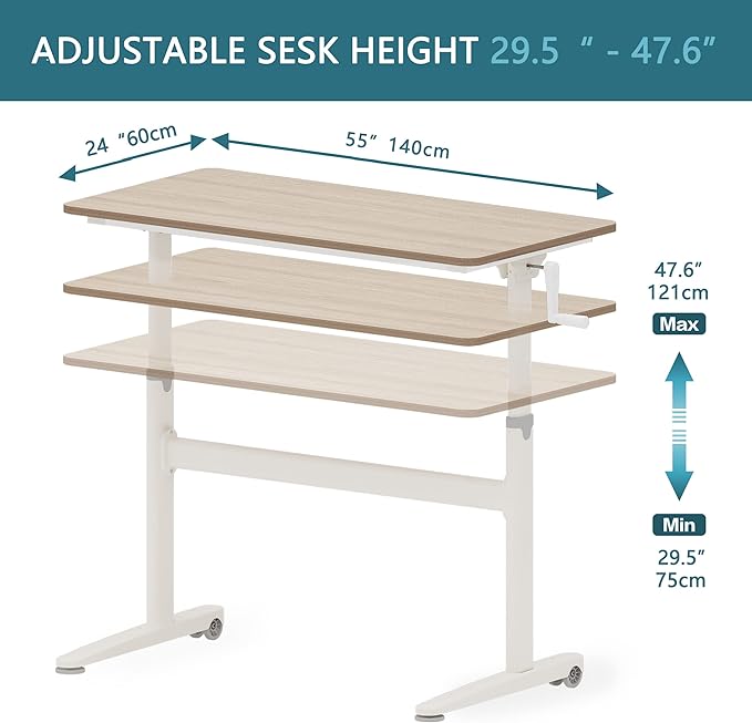 Manual Standing Desk Adjustable Height- Crank Mobile Standing Desk 55 x 24 Inches Sit Stand Desk Frame & Top, Stand Up Desk on Wheels, Computer Desk White Frame & Maple - LeafyLoom