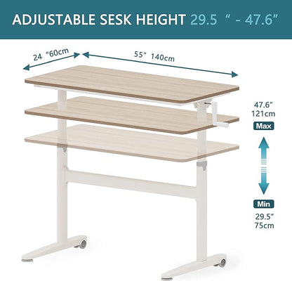 Manual Standing Desk Adjustable Height- Crank Mobile Standing Desk 55 x 24 Inches Sit Stand Desk Frame & Top, Stand Up Desk on Wheels, Computer Desk White Frame & Maple - LeafyLoom