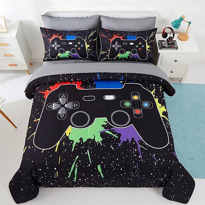 KAKKI 5 Piece Boys Full Gamer Comforter Set with Sheets, 3D Colorful Video Game Controller Comforter for Kids Teen, All Season Soft Microfiber Gaming Bedding Set(Black,Full) - LeafyLoom