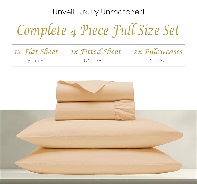 Bluemoon Homes 1000 Thread Count Sheets - 100% Egyptian Cotton Sateen Bed Sheets Deep Pocket, Fits Mattress upto 18", 4 Pc Smooth Full Bedsheet Set, Cool Crisp and Durable Bed Linen (Full, Sand) - LeafyLoom