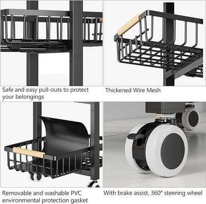 Kitchen Storage Cart Slim Rolling Cart On Wheels,5-Tier Skinny Kitchen Island Utility Organizer Storage Cart with Pull-Out Baskets and Wood Top,Mesh Fruit Basket Cart with Handle - LeafyLoom