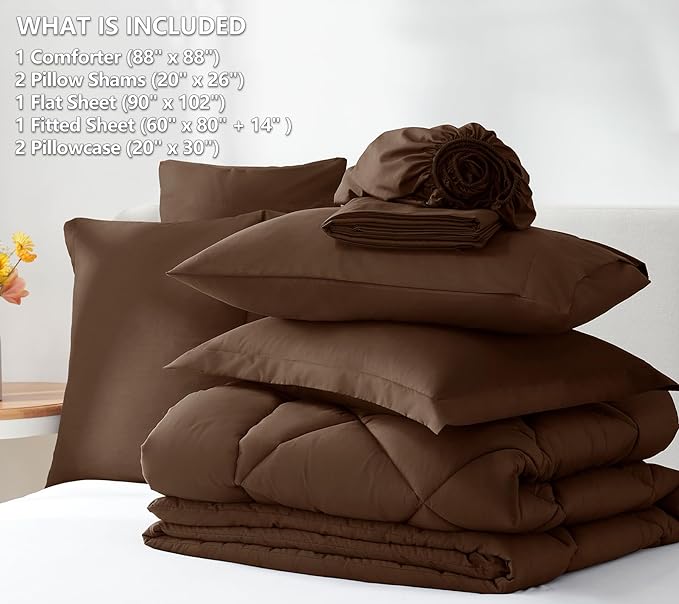 CozyLux Queen Comforter Set with Sheets 7 Pieces Bed in a Bag Brown All Season Bedding Sets with Comforter, Pillow Shams, Flat Sheet, Fitted Sheet and Pillowcases - LeafyLoom