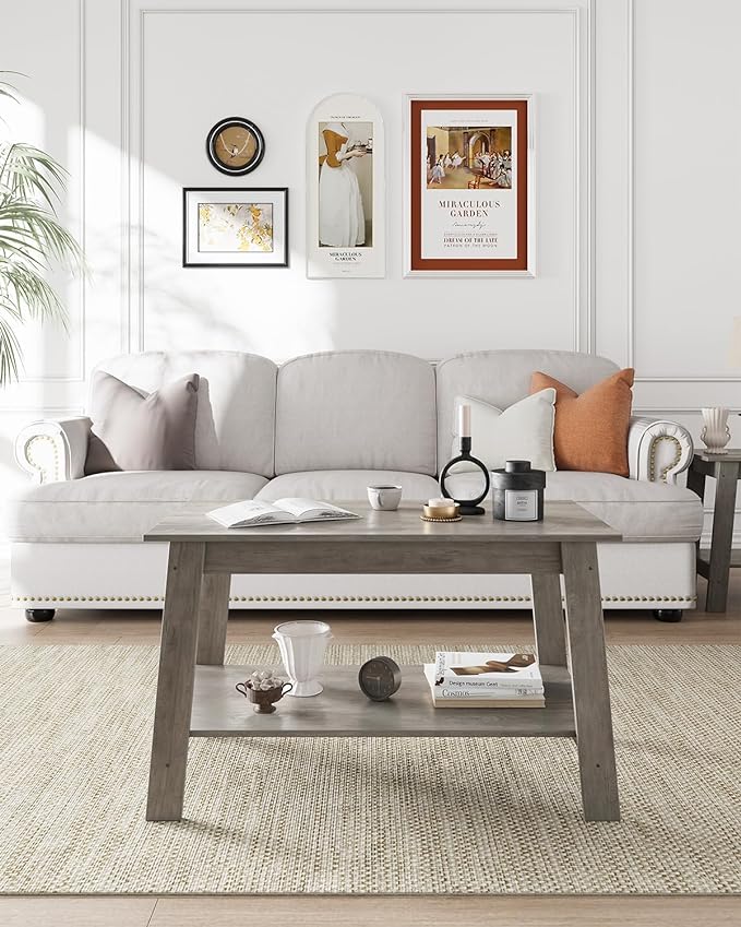 Coffee Table with Storage Shelf, 2-Tier Coffee Tables for Living Room, Farmhouse Wood Rectangle Small Coffee Table, Living Room Tables, TV Stands, Minimalist Modern Center Table, Easy Assembly, Gray - LeafyLoom