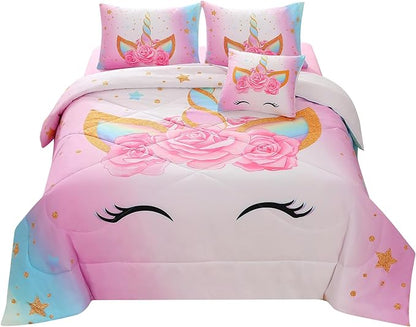 JQinHome Unicorn Twin Bedding Sets for Girls Kids,6 Piece Bed in A Bag 3D Colorful Flower Girl Unicorn Comforter Set with Sheet Set - LeafyLoom