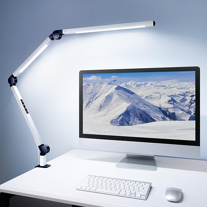 MediAcous LED Desk Lamp with Clamp, Dual Light Desk Lamp with Swing Arm, Dimmable 4 Color Modes & 4 Brightness Table Lamp, Eye-Caring Clip-on Lamp with Memory Function for Home Office, White - LeafyLoom