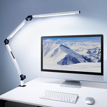 MediAcous LED Desk Lamp with Clamp, Dual Light Desk Lamp with Swing Arm, Dimmable 4 Color Modes & 4 Brightness Table Lamp, Eye-Caring Clip-on Lamp with Memory Function for Home Office, White - LeafyLoom