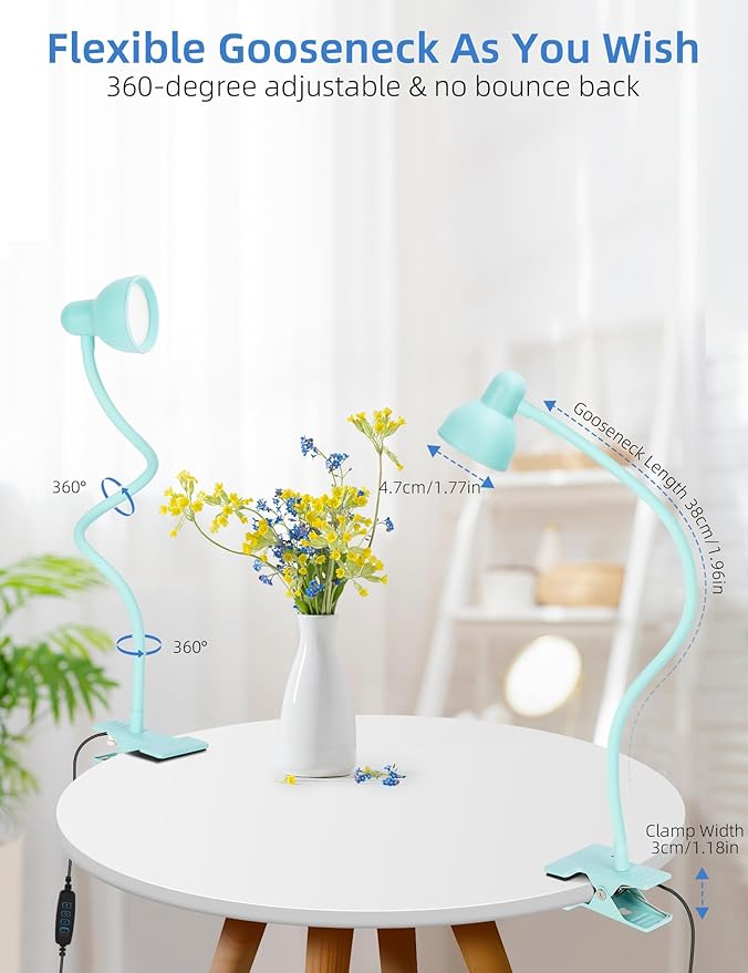 Clip on Reading Light for Bed 3 Color Modes, 10 Brightness Dimmable, Flexible Gooseneck Clip on Lamp, Eye Care Clip Light for Bed Headboard Desk Home Dorm, Teal - LeafyLoom