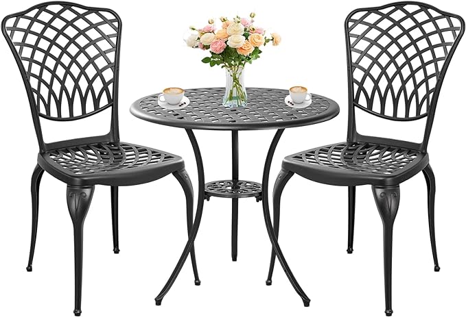 Black Cast Aluminum Bistro Set 3 Piece Outdoor,Small Patio Table and Chairs with Umbrella Hole,Outdoor Bistro Set for Front Porch Set Woven Patio Set for Garden,Yard(Black) - LeafyLoom