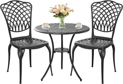 Black Cast Aluminum Bistro Set 3 Piece Outdoor,Small Patio Table and Chairs with Umbrella Hole,Outdoor Bistro Set for Front Porch Set Woven Patio Set for Garden,Yard(Black) - LeafyLoom