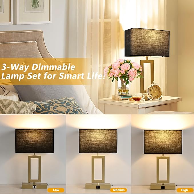 Black Table Lamps Set of 2 with Dual USB Ports,3-Way Dimmable Touch Control Bedside Lamps,Modern Bedroom Table Lamp for Living Room,Nightstand LED Bulbs Included - LeafyLoom