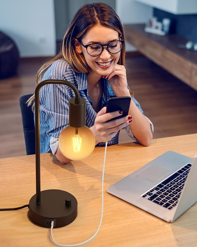 Industrial Table Lamp with 2 USB Port, Fully Dimmable Nightstand Bedside Lamps for Bedroom,Desk Lamps with 2700K Black Gradient Bulb for Reading Living Room,Office - LeafyLoom