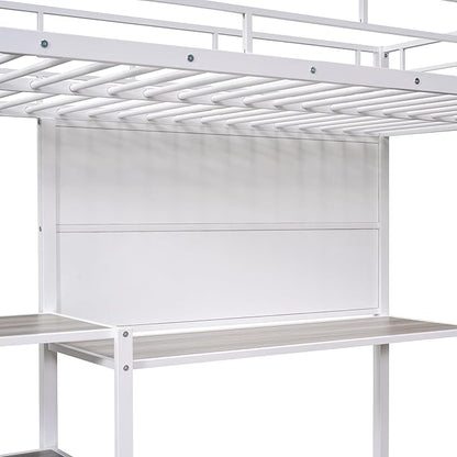 RITSU Twin Size Loft Bed, Heavy Duty Metal Bedframe with Desk and Whiteboard, 3 Big Shelves The Storage Space, Sturdy Construction, for Children's Room, Teens, White - LeafyLoom